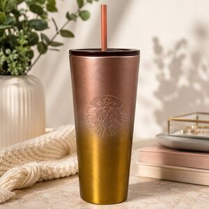 Starbucks Tumbler Rose Gold Pink Ombre‎ Cold Cup  24oz Straw Reusable Travel New